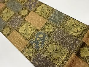 格子に花兎・古典柄模様織出し全通袋帯